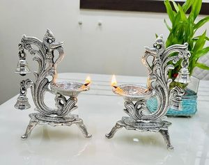 Modern Industrial German <b>Silver</b> Peacock Diya Pair with Hanging Bells Elegant Decorative Oil <b>Lamps</b> for Pooja Home Decor - Product Image 5