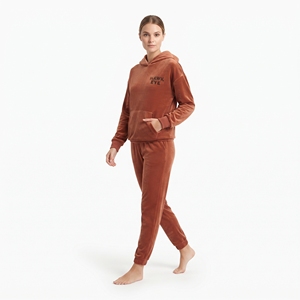 Trendy Custom Velvet Two Piece Set Women's Regular Fit <b>Velour</b> <b>Tracksuit</b> Hooded Hoodie Kangaroo Pocket Jogger Pants Winter Wear - Product Image 3