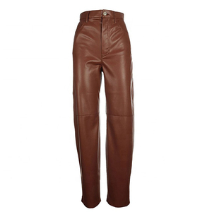 Pantalon d'hiver décontracté en cuir véritable pour femme, coupe large, taille mi-haute, devant plat, marron, avec détails en dentelle - Product Image 1
