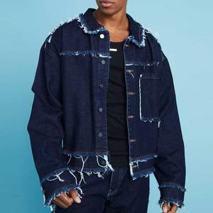 Veste en jean pour homme grande taille et taille normale, qualité supérieure, déchirée, style vintage, col montant en fausse fourrure, logo sur le devant, 100% coton - Product Image 1