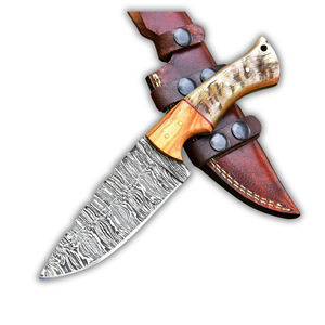 Cuchillo Skinner Hecho a Mano para Camping y Senderismo, Mango de Madera, Hoja Plana, Duradero, Ligero, Funda de Cuero, Acero de Damasco 10 - Product Image 1
