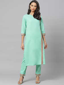 Conjunto de Ropa para Mujer, Kurta Recta Bordada en Algodón, Color Verde Mar, Venta al Por Mayor, Estilo Étnico Tradicional, Informal, Festivo, para Verano - Product Image 3