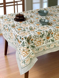 Floral Block Print <b>Tablecloth</b>, Green and Orange Pattern, Striped Border - Product Image 2