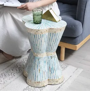 Scalloped Hourglass Accent <b>Stools</b> Mother of Pearl Handcrafted Mosaic Small Side Table For Living Room <b>Bedroom</b> Decor Use - Product Image 3