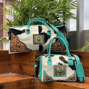 Conjuntos de lujo de 2 piezas, cuero mecanizado a mano personalizado, piedra turquesa, conjunto de bolso de lona grande y pequeño para mujer, cuero de vaca de alta calidad - Product Image 5