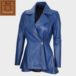 Veste de motard en cuir noir pour femme avec peplum et ourlet asymétrique - Product Image 1