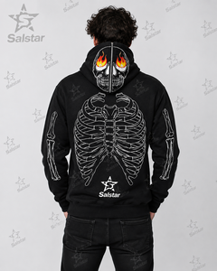 Sudadera con Capucha Negra Gótica con Diseño de Calavera y Cierre de Cremallera para Hombre, Diseño de Esqueleto Estampado, Corte Regular, Sudadera con Capucha para Otoño - Product Image 4