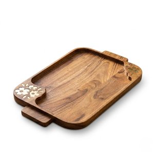 Plateau de rangement en bois à un seul niveau, rectangulaire, avec motif floral sculpté, verni, minimaliste, passe au lave-vaisselle, pour une utilisation en cuisine - Product Image 1