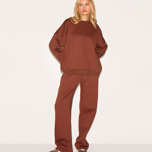 Conjunto de Sudadera de Cuello Redondo de Color Sólido para Mujer, Traje Deportivo Holgado de Manga Larga con Bolsillos Laterales y Cintura Elástica, Ropa Casual de Otoño - Product Image 1