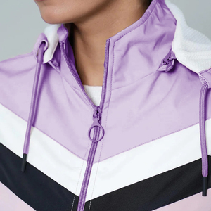 Purple Unisex Hooded <b>Racer</b> <b>Jacket</b> Zipper Closure Sporty Color Blocking Windproof Regular Fit Spring Season Polyester Shell - Product Image 3