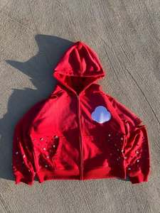 Sweat à capuche streetwear surdimensionné pour homme, 460 GSM, 100 % coton, effet délavé, avec fermeture éclair et pierres décoratives, respirant et épais, OEM - Product Image 1