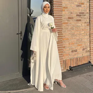 White <b>Modest</b> <b>Satin</b> Silk Solid Abaya Round Neck Extra Long Sleeve Floor Length Elegant Islamic Wedding Prayer Party Gown - Product Image 2