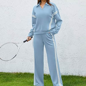 Conjuntos de Salón para Mujer: Chándal de Cuello en V con Pantalones de Pierna Ancha de 2 Rayas, Traje de 2 Piezas con Bolsillos, Ropa Cómoda para Estar en Casa - Product Image 3
