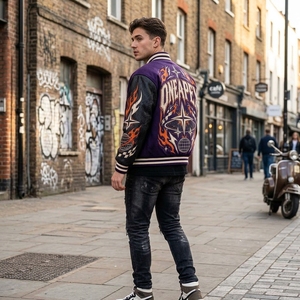 Blouson Bomber Homme Personnalisé en Cuir Brodé Violet et Noir avec Motif Flamme – Style Streetwear Tendance - Product Image 2