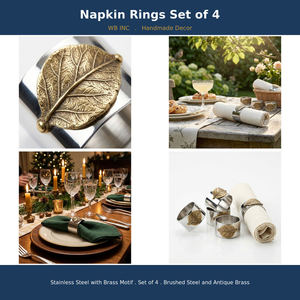 Set of 4 Vintage Brass Leaf Napkin Rings Brushed Steel Metal Holders <b>Party</b> Dining <b>Table</b> Decor Durable Wedding Event Supply - Product Image 4