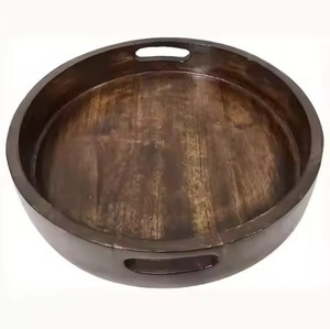 Round Wooden Serving Tray with <b>Black</b> Metal Handles Handmade Solid Wood Minimalist Design for Food Serving Dishes & <b>Plates</b> - Product Image 5