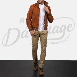 Veste en daim vintage pour homme, couleur tabac, boutonnée, style bomber, coupe slim, veste Harrington décontractée en daim - Product Image 2