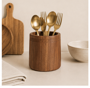Elegant Rustic Wooden <b>Kitchen</b> Utensil Jar With Embossed Detail Durable Acacia Wood Flatware <b>Caddy</b> For Dining Table & Countertop - Product Image 2