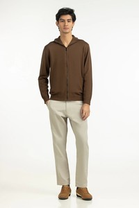 Pull unisexe marron tricoté à fermeture éclair, coupe classique, couleur unie, décontracté, pour l'automne, col montant, 100 % coton respirant, imprimé en relief - Product Image 2