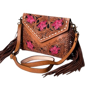 Bolso Bandolera de Cuero Genuino Estilo Bohemio con Diseño Floral y Flecos, Fabricante y Proveedor Indio - Product Image 1
