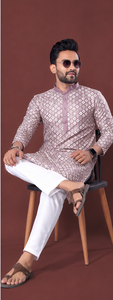 Kurta en coton imprimé numérique pour homme avec pantalon blanc, tenue traditionnelle décontractée, longueur cheville, coupe régulière, style Inde Pakistan - Product Image 2