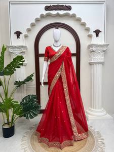 TENNECY Tibby Silk Floor-Length <b>Saree</b> <b>Blouse</b> Piece Women Traditional Gujarati Indian Wedding Diwali Party Wear Reversible All - Product Image 4