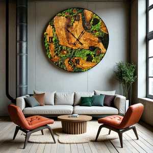 นาฬิกาแขวนผนังขนาดใหญ่ทำมือจากไม้มะกอกและมอส ตกแต่งด้วยงานศิลปะสีเขียวแบบชนบทพร้อมกรอบสีดำ - Product Image 6