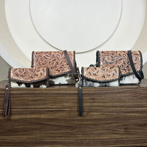 Sac à bandoulière en cuir et cuir de vachette pour femmes avec portefeuille assorti Ensemble de sacs à main deux pièces en cuir véritable de style occidental - Product Image 4