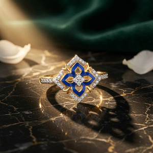 Blue Enamel Floral Design <b>Diamond</b> Accent Gold <b>Ring</b> - Product Image 4