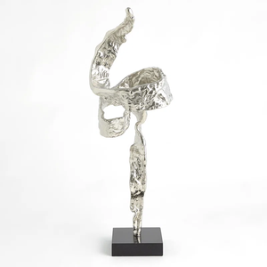 Sculpture abstraite argentée en aluminium texturé, motif flamme, statue créative pour centre de table avec base noire - Product Image 2