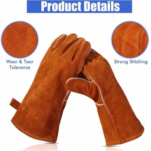 ถุงมือเชื่อมหนังวัวเสริมแรง ทนความร้อนและประกายไฟ ถุงมือป้องกันส่วนบุคคลสำหรับงานหนัก ถุงมือบาร์บีคิว - Product Image 3