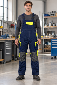 Pantalon de travail industriel en coton, salopette uniforme avec bretelles réglables, poche poitrine sécurisée, rangement cargo, résistant à l'eau, contrasté - Product Image 5