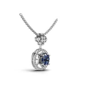 Collier pendentif en or 18 carats avec diamant bleu de laboratoire, pierre ronde Gemme et accent floral - Product Image 4