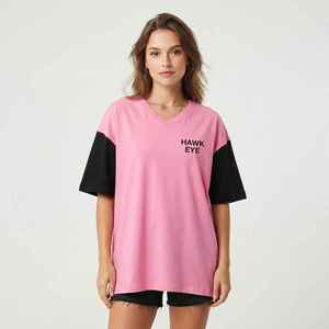 Camiseta Oversize de Mujer con Bloques de Color Rosa y Negro, Cuello en V, Ajuste Holgado, Manga Corta, de Algodón Jersey, Primavera Verano - Product Image 1