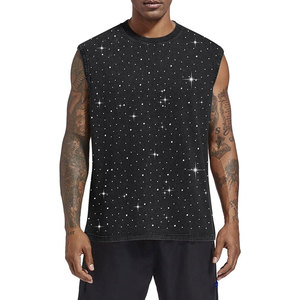 Débardeur Homme Vintage à Paillettes et Strass, Effet Délavé, Streetwear, Sans Manches, Col Rond, Coton, T-shirt Scintillant à Motif Décontracté pour l'Été - Product Image 1
