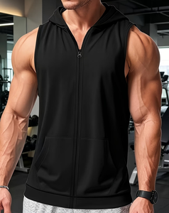 Men's Hooded Sleeveless Vest With Shorts Set Gray Cotton Heavy Jersey Summer Casual Breathable Sport Outfit 2Pcs made Bangladesh - Product Image 1