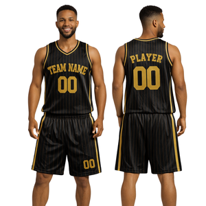 Conjunto de Uniforme de Baloncesto Retro Personalizado con Rayas Doradas y Negras, Jersey con Texto Dorado, Pantalones Cortos, Diseño Retro con Nombre y Número del Equipo - Product Image 1