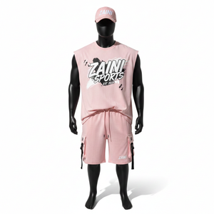 Conjunto de camiseta sin mangas y pantalones cortos para hombre, de algodón y poliéster, con acabado liso, color rosa, con panel cargo. - Product Image 1