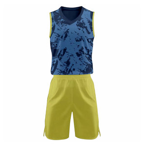 Maillot de basket personnalisé sublimé, col en V, sans manches, bleu et jaune, short, polyester respirant, unisexe adulte - Product Image 1