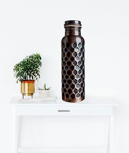 Honeycomb Pattern Pure Copper Water <b>Bottle</b> with White Gift <b>Box</b> Antique Finish Hexagon Embossed Copper Flask Ayurvedic Wellness - Product Image 6