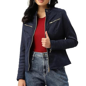 Blouson de moto en cuir suédé véritable bleu de haute qualité, longueur standard, col montant, logo frontal, hiver - Product Image 1