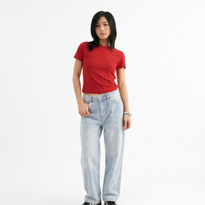 <b>Red</b> Short Sleeve <b>Crop</b> <b>Top</b> O-Neck Knitted Solid Color Casual Fit Women's T-Shirt - Product Image 3