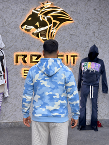 Sudadera con Capucha Azul Camuflaje para Hombre, Cierre de Cremallera, Corte Regular, Estilo Casual Urbano, Otoñal, con Estampado por Transferencia Térmica - Product Image 2