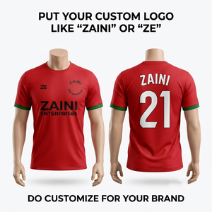 เสื้อฟุตบอลผ้าโพลีเอสเตอร์อินเตอร์ล็อคพรีเมียม 180 GSM สีแดง-เขียว ที่ข้อมือพร้อมโลโก้ทีมแบบกำหนดเอง ชุดยูนิฟอร์มแห้งเร็ว - Product Image 1
