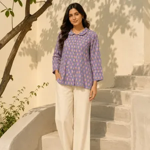 Camisa de Algodón para Mujer con Estampado Floral, Manga Tres Cuartos, Estilo Casual, Corte Regular, Estilo India-Pakistán, para Todas las Temporadas - Product Image 5