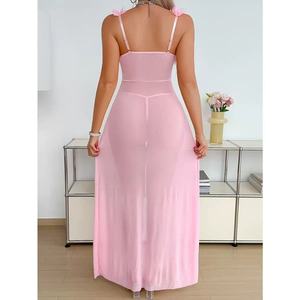Conjunto de Bata y Pantalones Cortos de Satén con Encaje Floral Rosa, Ropa de Dormir Sexy sin Mangas para Mujer, Ropa de Noche de Verano - Product Image 3