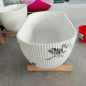 Bañera Ovalada Moderna de Mármol Cultivado con Rayas Verticales, Bañera Independiente de Resina Compuesta Artificial, Ecológica, con Masaje de Aire - Product Image 4