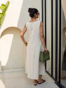 เดรสผ้าลินินทรงเอแบบไม่มีแขนพร้อมกระเป๋า ชุดเดรสเรียบง่ายสำหรับฤดูร้อนและฤดูใบไม้ร่วง - Product Image 2