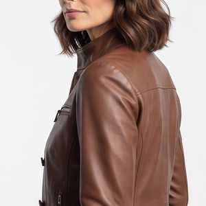 Wholesale Women's Casual Leather Jacket Chest Pocket Stand Collar Biker Leather Jackets Ladies Outerwear Fashion Leather Jackets - Product Image 5