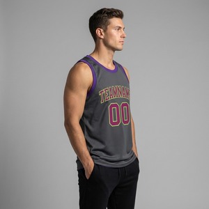 Maillot de basket gris et violet pour homme, col rond, sans manches, en mesh, sublimé, nom de l'équipe 00, anti-transpiration, antibactérien, 100% - Product Image 2